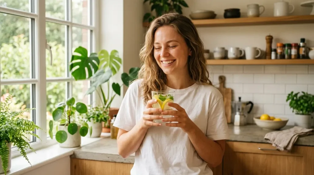 Mujer sonriente bebiendo agua con limón en un vaso de vidrio en una cocina luminosa y moderna por la mañana