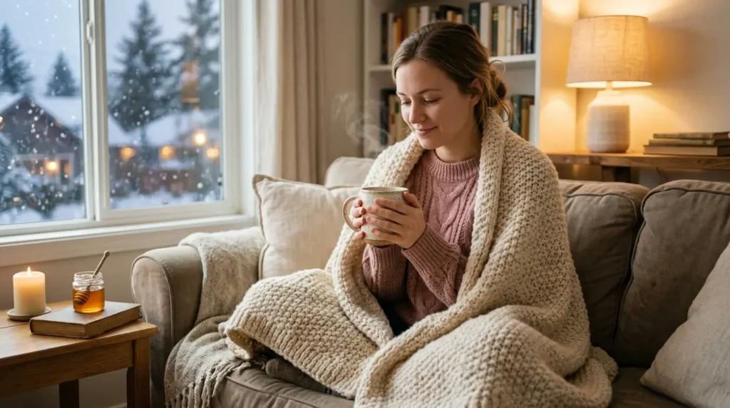 Mujer envuelta en manta acogedora sosteniendo taza de agua tibia con miel en ambiente invernal cálido