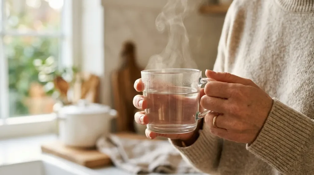 Vaso de agua tibia en ayunas con vapor suave en una mañana luminosa