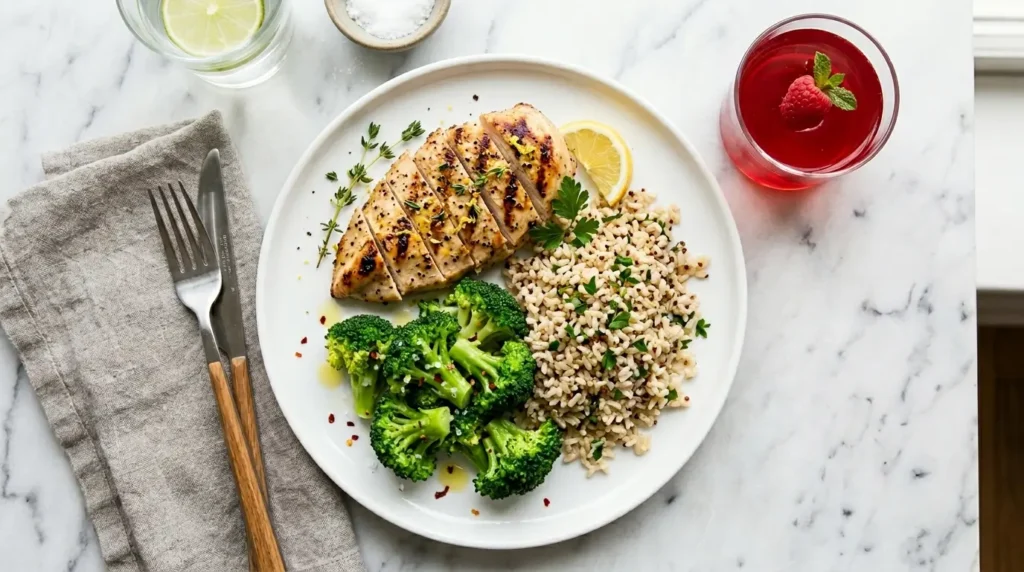 Plato equilibrado de la dieta de la gelatina para adelgazar con pollo, brócoli y arroz integral