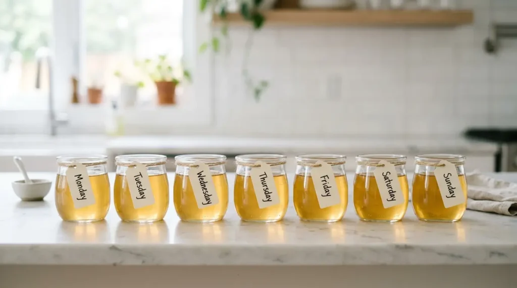 Siete vasos de gelatina bariatrica preparados para los 7 días de la dieta de la gelatina para adelgazar