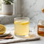Vaso de agua tibia con limón y miel en ayunas con limón exprimido y tarro de miel dorada