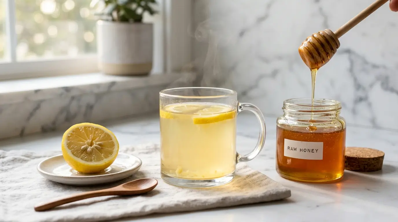 Vaso de agua tibia con limón y miel en ayunas con limón exprimido y tarro de miel dorada