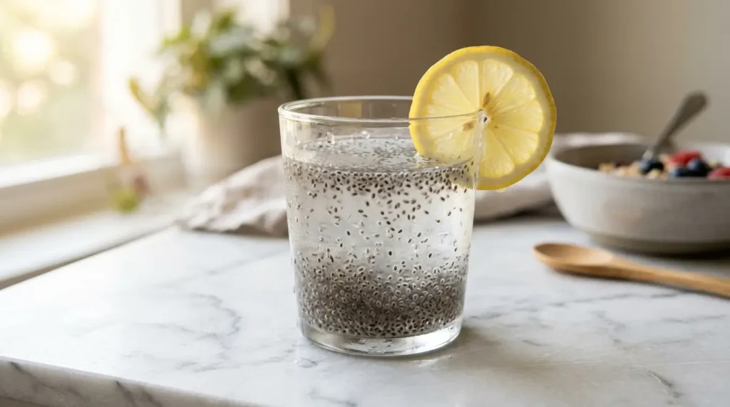 Agua de chía en ayunas con semillas hidratadas y rodaja de limón en vaso de vidrio