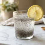 Agua de chía en ayunas con semillas hidratadas y rodaja de limón en vaso de vidrio