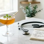 Receta de gelatina bariatrica del Dr. Juan Rivera con estetoscopio y vaso de gelatina dorada