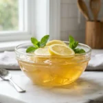 Receta de gelatina bariatrica casera en un bol de vidrio con rodajas de limón