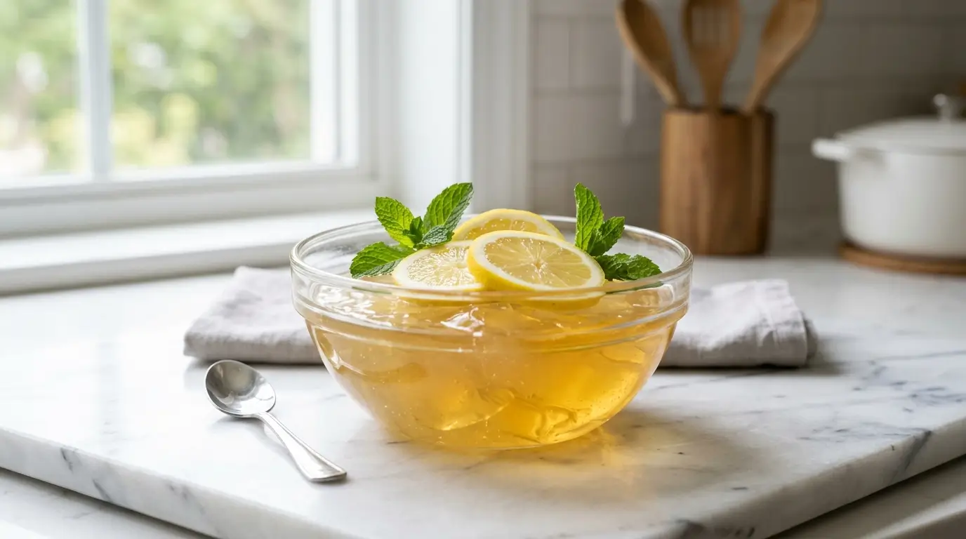 Receta de gelatina bariatrica casera en un bol de vidrio con rodajas de limón