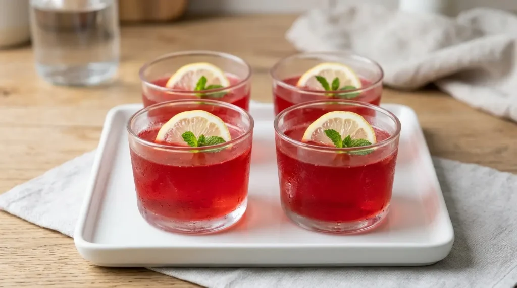 Cuatro porciones de gelatina bariatrica casera lista para servir, decoradas con limón