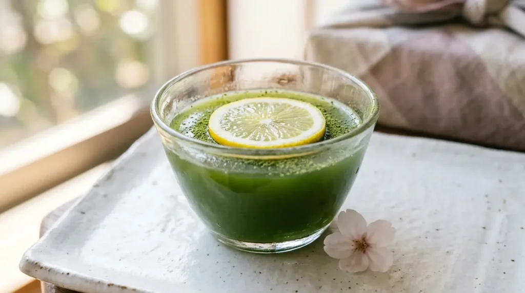 Gelatina japonesa para bajar de peso con agar-agar y matcha en vaso de cerámica blanca