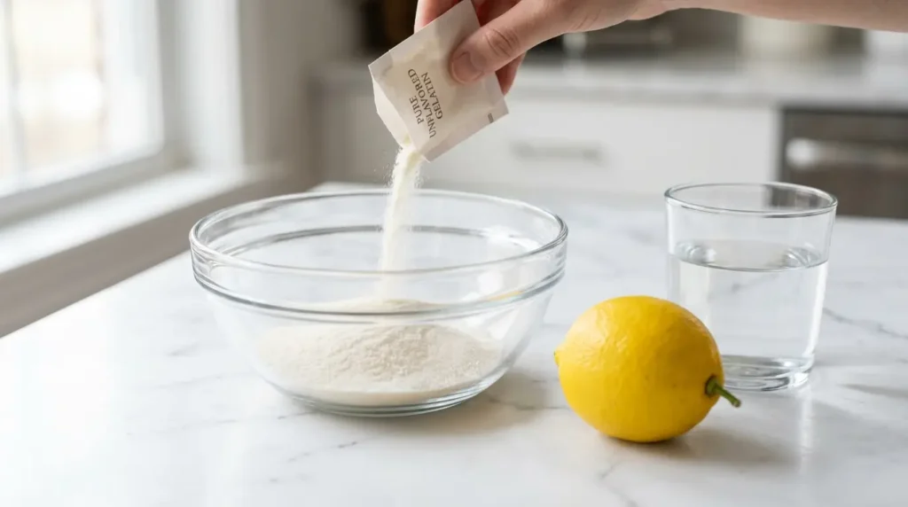 Gelatina sin sabor para bajar de peso con sobre de gelatina neutra, limón y agua