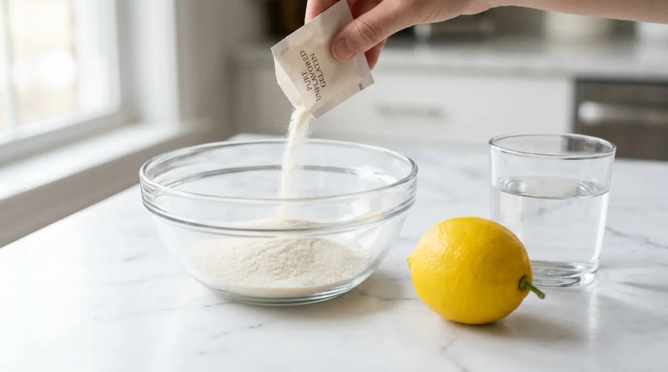 Gelatina sin sabor para bajar de peso con sobre de gelatina neutra, limón y agua