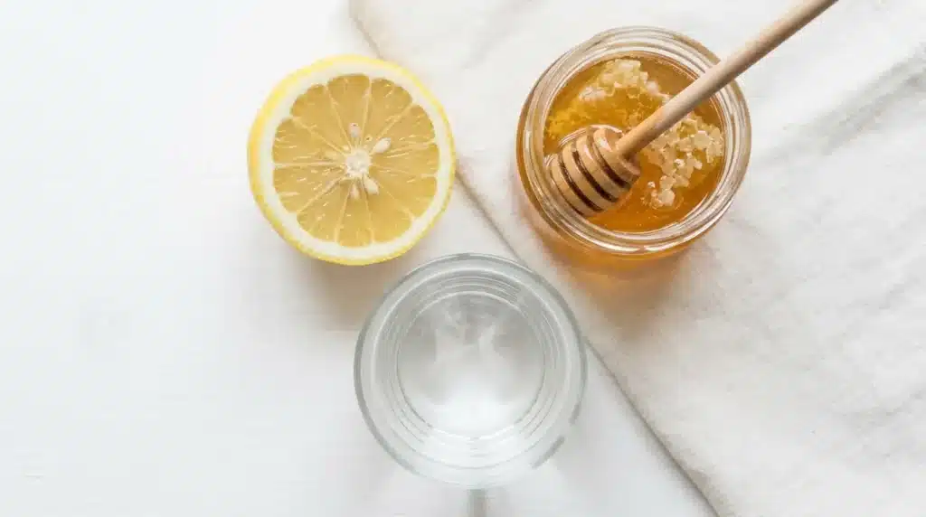 Ingredientes del agua tibia con limón y miel en ayunas: limón fresco, miel cruda y agua tibia