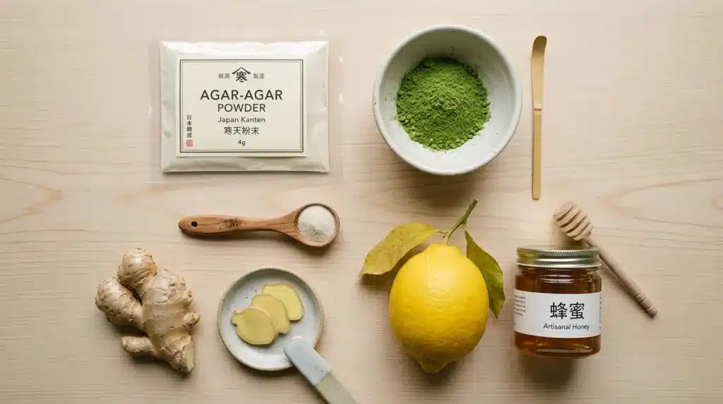 Ingredientes de la gelatina japonesa para bajar de peso: agar-agar, matcha, limón y jengibre