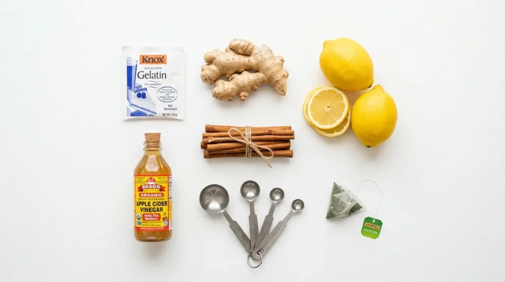 Ingredientes para la receta de gelatina Mounjaro: jengibre, limón, canela, gelatina sin sabor y vinagre