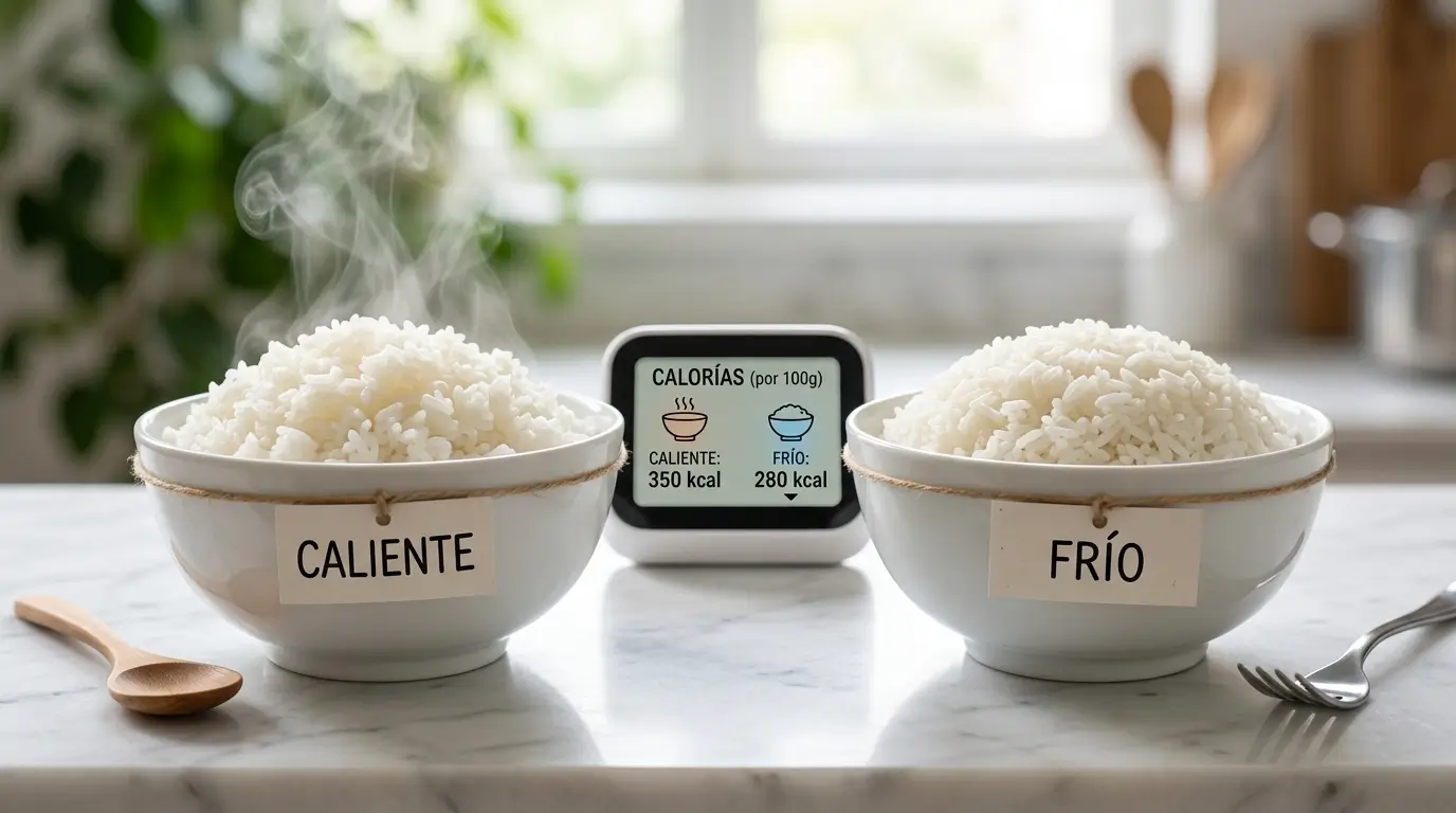 Comparativa de por qué el arroz frío engorda menos que el arroz caliente en dos boles blancos