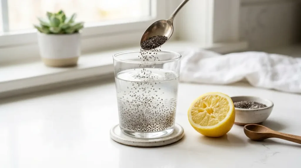 Preparación del agua de chía en ayunas: semillas siendo añadidas al vaso con limón