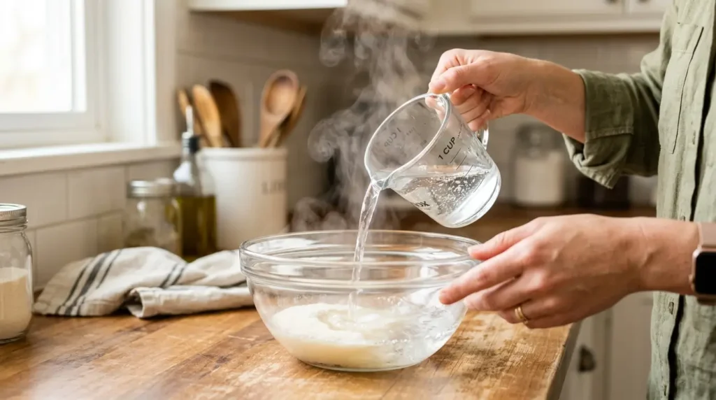 Preparación de gelatina bariatrica casera, vertiendo agua caliente sobre la gelatina sin sabor