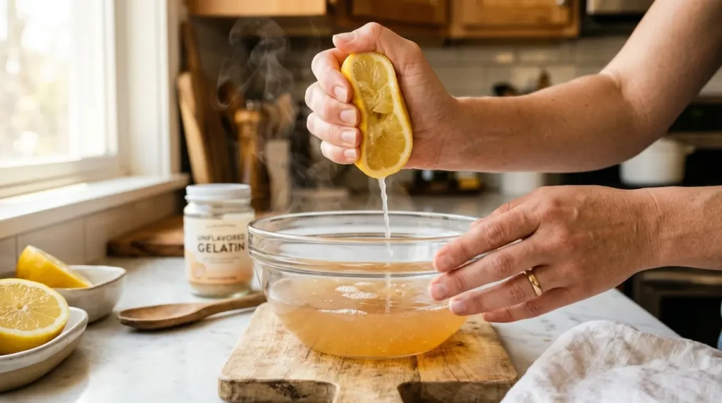 Preparación de gelatina Mounjaro añadiendo jugo de limón a la gelatina disuelta