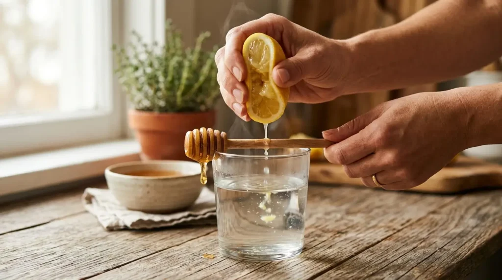 Preparación del agua tibia con limón y miel en ayunas exprimiendo limón en el vaso