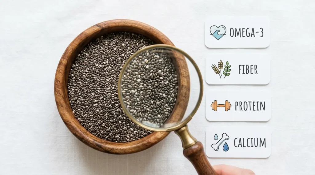 Semillas de chía con sus propiedades nutricionales: omega-3, fibra, proteína y calcio para los beneficios en ayunas