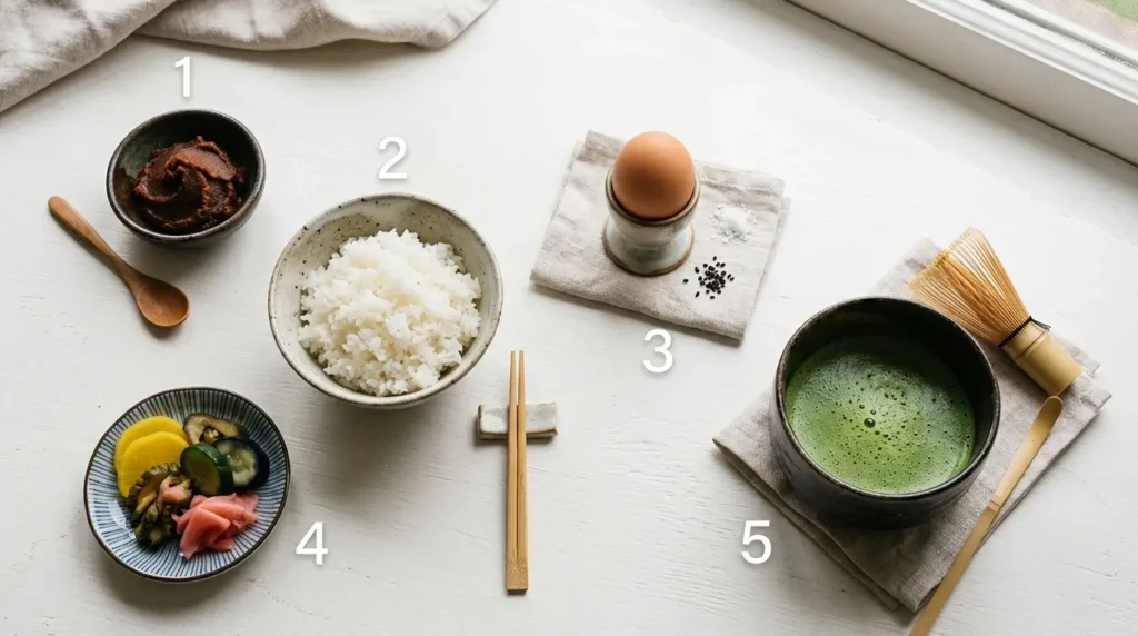 Los 5 elementos del desayuno japonés: miso, arroz, huevo, encurtidos y té verde
