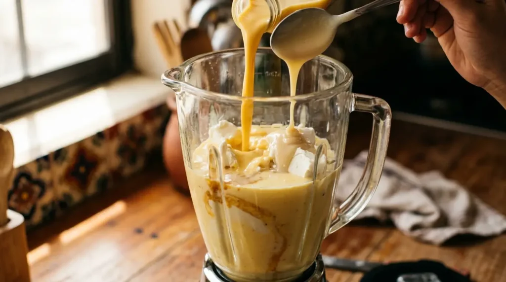 Preparación de la gelatina de rompope en licuadora con queso crema y leche condensada