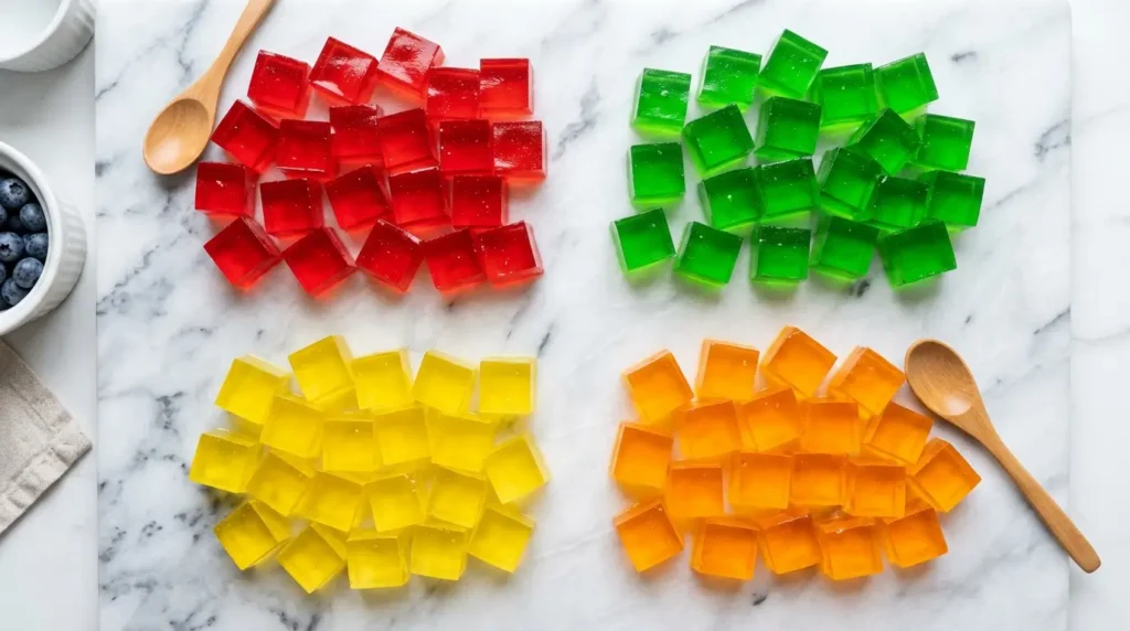 Cubos de gelatina de colores para la receta de gelatina mosaico: fresa, limón, piña y naranja
