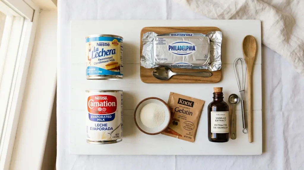 Ingredientes para la gelatina con leche condensada: leche condensada, leche evaporada, queso crema y gelatina sin sabor