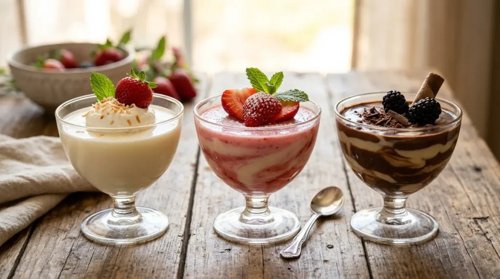 Tres variantes de gelatina con leche condensada: clásica, de fresa y de chocolate en vasos de vidrio