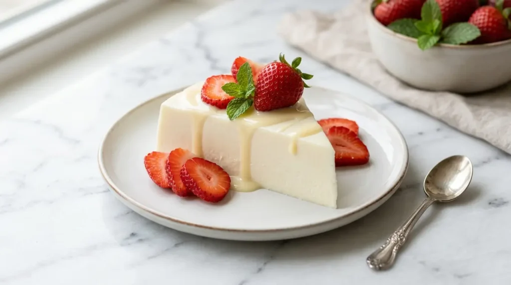 Gelatina con leche condensada cremosa en plato blanco con fresas y menta