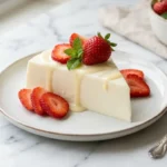 Gelatina con leche condensada cremosa en plato blanco con fresas y menta