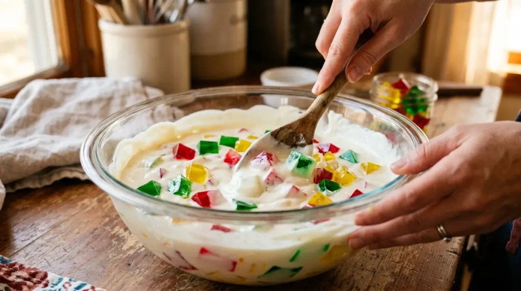 Preparación de la gelatina mosaico mezclando cubos de colores en la base cremosa blanca