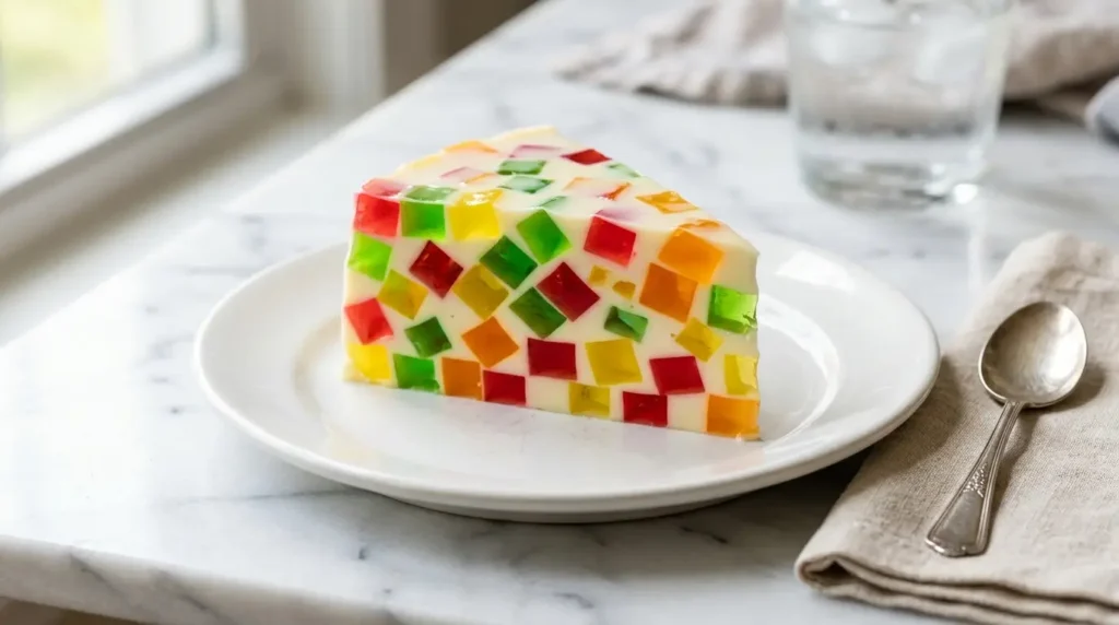 Gelatina mosaico cremosa con cubos de colores en base blanca de leche condensada