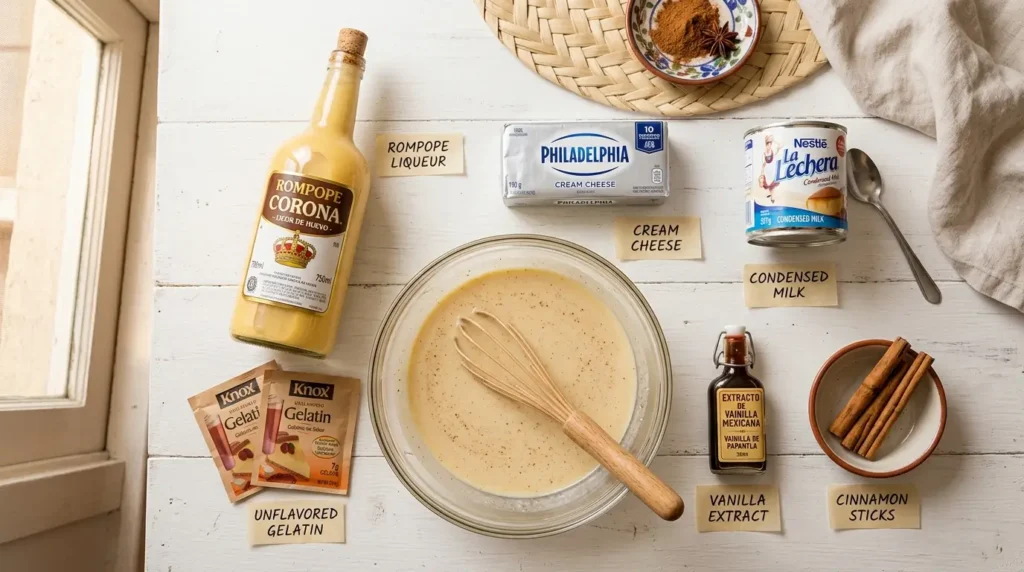 Ingredientes para la gelatina de rompope: rompope, queso crema, leche condensada y gelatina sin sabor