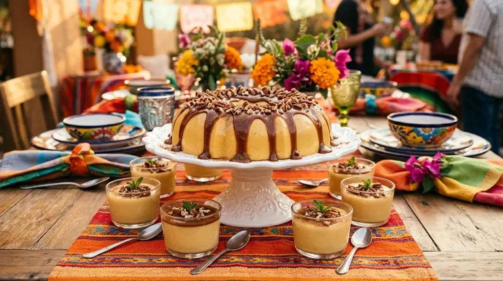 Gelatina de rompope completa desmoldada en pastelera blanca con cajeta y nuez para presentación