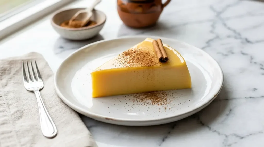 Gelatina de rompope cremosa casera con canela en plato de cerámica blanca