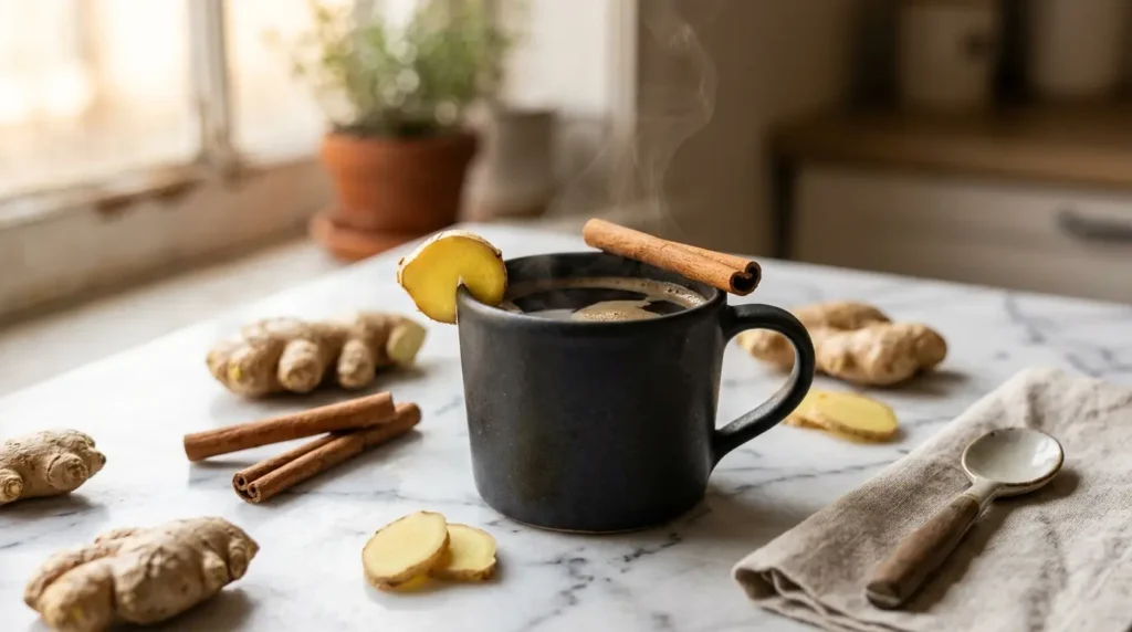 Taza de café con jengibre para adelgazar con canela y jengibre fresco sobre mármol blanco