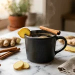 Taza de café con jengibre para adelgazar con canela y jengibre fresco sobre mármol blanco