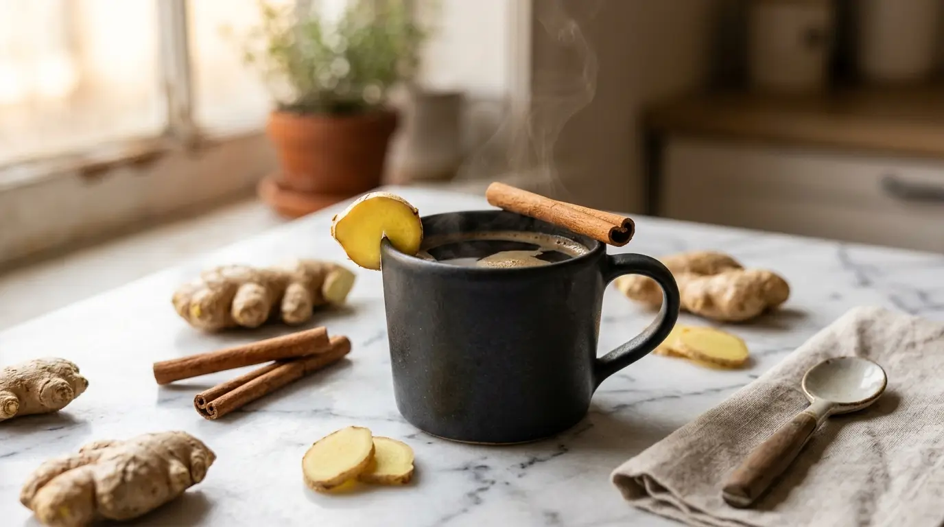 Taza de café con jengibre para adelgazar con canela y jengibre fresco sobre mármol blanco