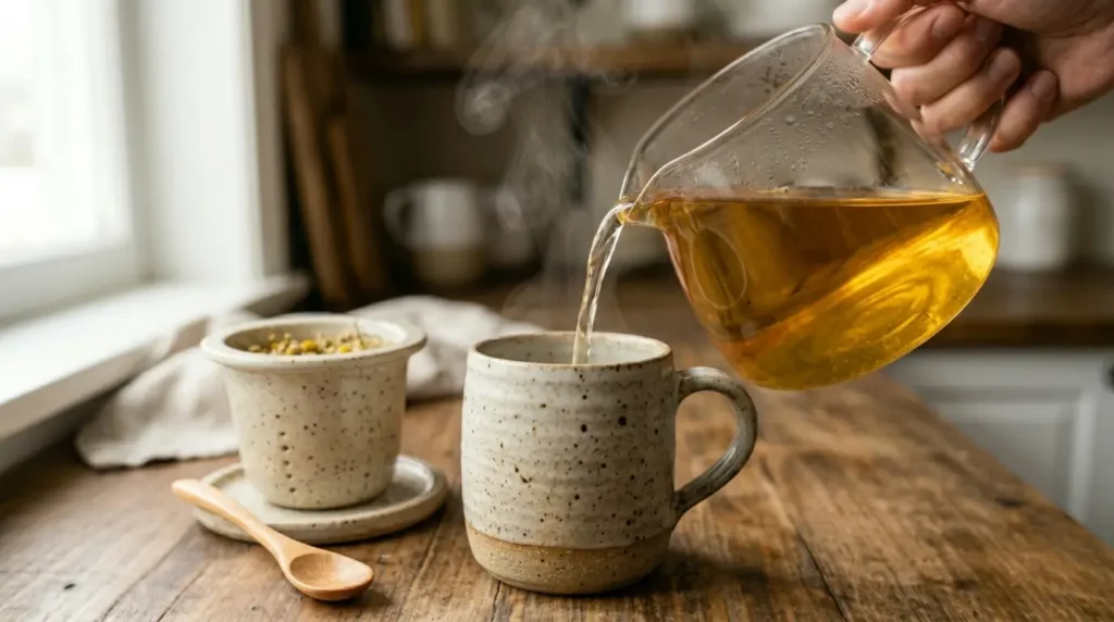 Cómo preparar té de manzanilla correctamente: flores en infusor y agua caliente siendo vertida