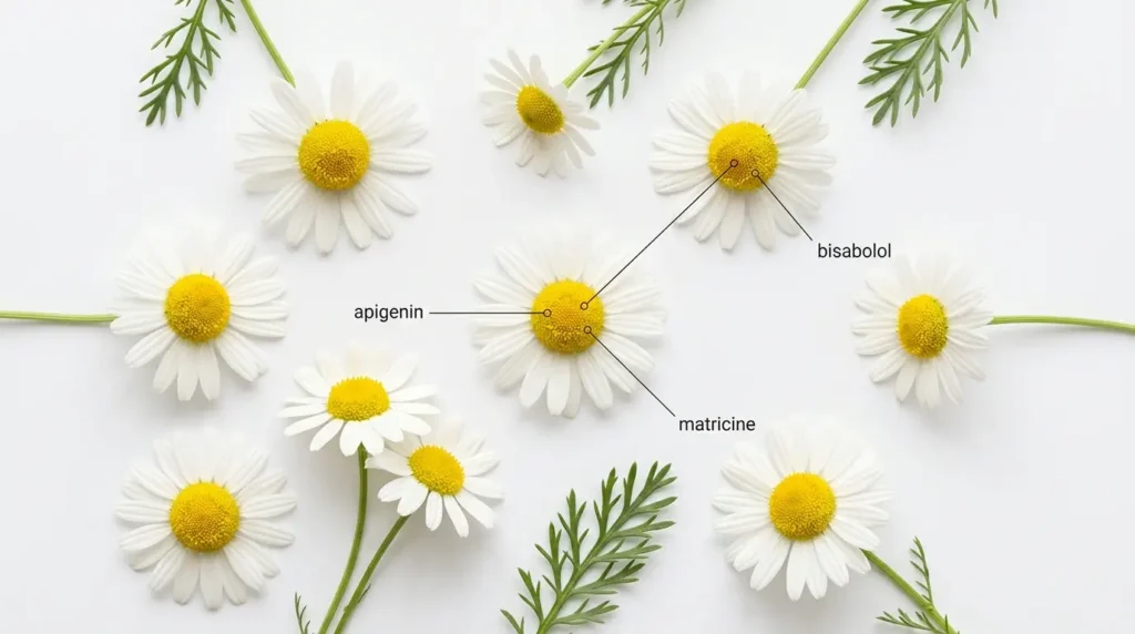 Flores de manzanilla con sus principios activos apigenina y bisabolol que explican para qué sirve el té