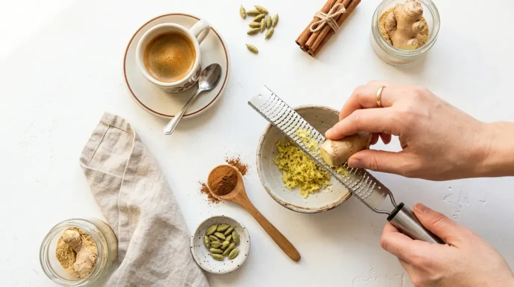 Ingredientes para la receta de café con jengibre para adelgazar: café, jengibre rallado y canela