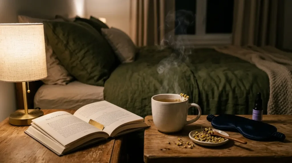 Té de manzanilla para dormir mejor en mesita de noche con ambiente nocturno acogedor