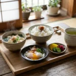 Desayuno japonés tradicional completo con sopa miso, arroz, huevo y té verde sobre bandeja de madera