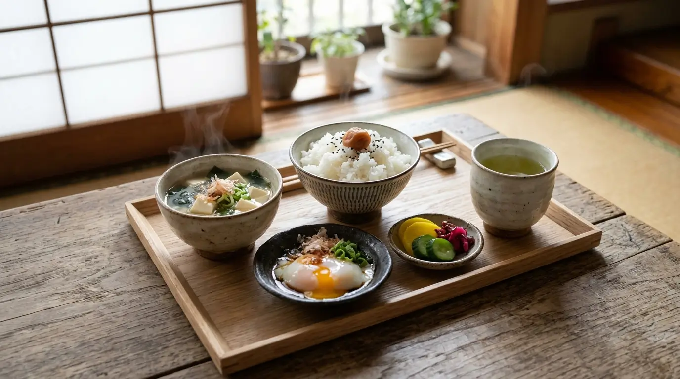 Desayuno japonés tradicional completo con sopa miso, arroz, huevo y té verde sobre bandeja de madera