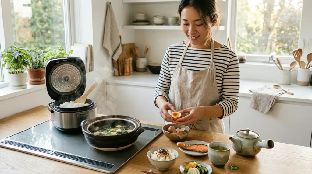 Preparación del desayuno japonés simplificado en casa con sopa miso y arroz en cocina moderna