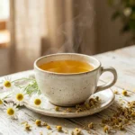 Taza de té de manzanilla con flores secas alrededor y vapor, para qué sirve y beneficios