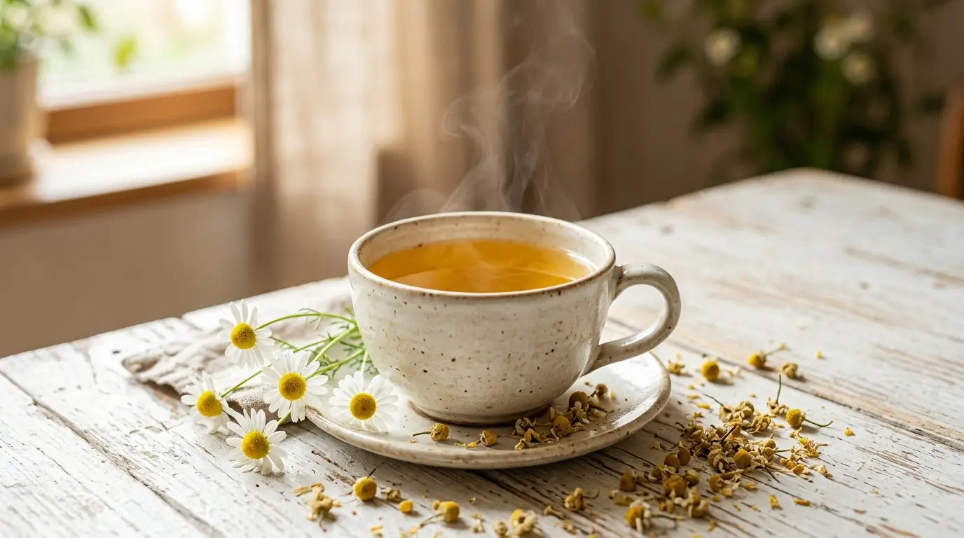 Taza de té de manzanilla con flores secas alrededor y vapor, para qué sirve y beneficios