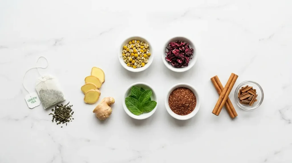 ingredientes de las 7 mejores infusiones para adelgazar: té verde, jengibre, canela, manzanilla, menta
